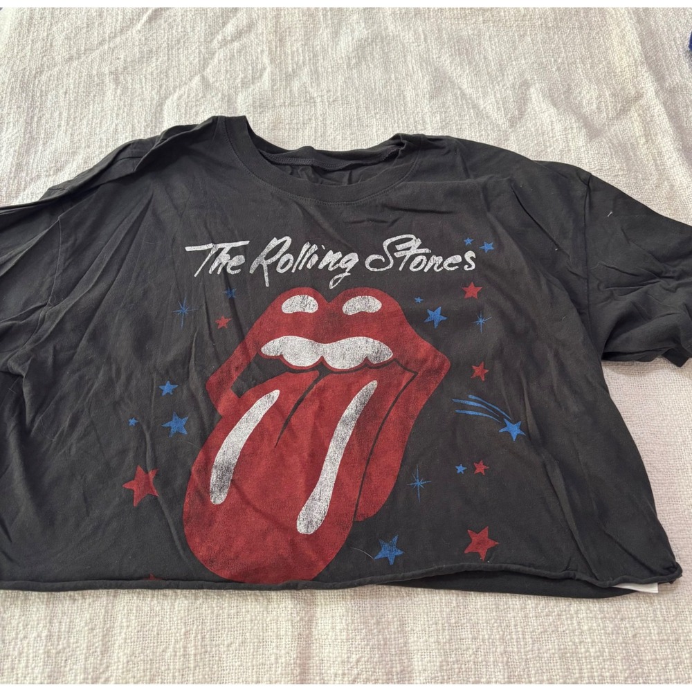 Hollister Rolling Stones Graphic Cropped T-Shirt Black Cotton Size M